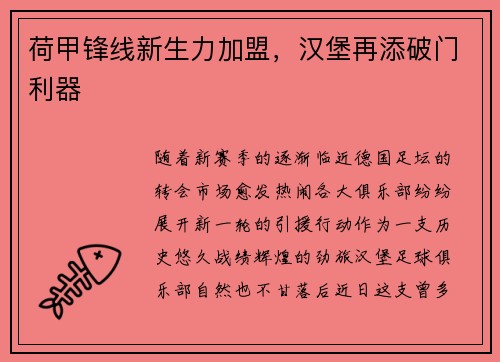 荷甲锋线新生力加盟，汉堡再添破门利器